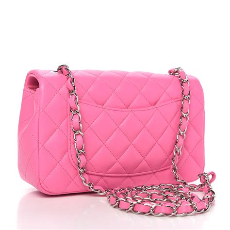 CHANEL Lambskin Quilted Mini Rectangular Flap Neon Pink 